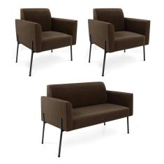 Sofá Namoradeira E 2 Poltronas Pé De Ferro Preto Marisa Suede Marrom D03 - D`rossi