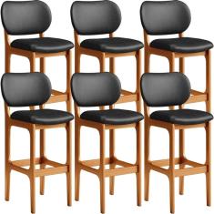 Kit 06 Banquetas Alta Para Cozinha Betta L02 Madeira Maciça Assento Estofado Imbuia Courino Preto Lyam Decor