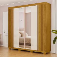 Guarda Roupa Casal 230,10cm 6 Portas Ripado 6 Gavetas Com Espelho 100% Mdf Magnólia Cinamomo Off White