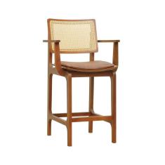 Banqueta Alta Bistrô Gus Com Braços Madeira Maciça Encosto Telinha Assento Anatômico Corano Amêndoa-marrom