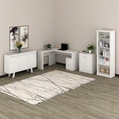 Kit 4 Peças com Escrivaninha em L, Estante 4 Prateleiras, Armário Baix