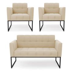 Kit 1 Sofá Namoradeira E 2 Poltronas Elisa Linho Bege A19 Base Metálica Industrial Preto - D`rossi