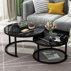 Mesa de centro empilhável com estrutura de metal redonda branca - Mesas de aninhamento elegantes com tampo de vidro com efeito de mármore para escritório doméstico ou sala de estar - Tamanho