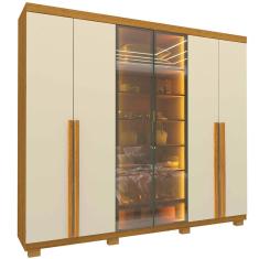 Guarda Roupa Imperatriz Casal 6 Portas 4 Gavetas com Vidro Reflecta e LED Gelius Cor Naturale Off White