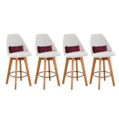 Kit 04 Banquetas Alta Maya Giratória Com Encosto Gourmet Linho Bege e Almofada Suede Bordô - Aurora Line