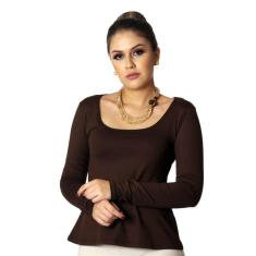 Blusa Feminina Manga Longa Marrom Decote Redondo Evasê