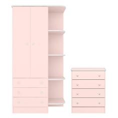 Quarto de Bebê Doce Sonho com Roupeiro 825 e Cômoda 777 Qmovi Rosa Acetinado