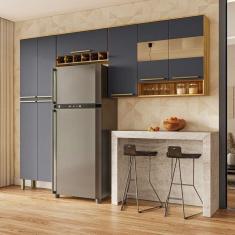 Cozinha Compacta Modulada 3 Peças 8 Portas com Vidro Itália Espresso Móveis Amêndoa/Cinza