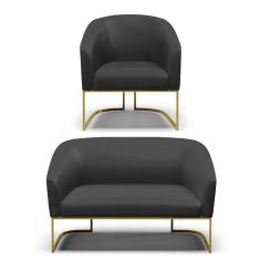 Sofá Namoradeira E Poltrona Base Industrial Dourado Stella Corino Preto D03 - D`rossi