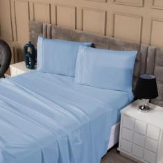 Jogo Lençol Percal 200 Fios Ponto Palito Cama Queen 4pçs Azul