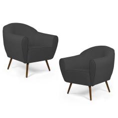 Kit 02 Poltronas Nina Pés Palito Madeira Cinza Escuro