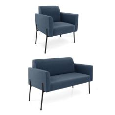 Sofá Namoradeira e Poltrona Pé de Ferro Preto Marisa Suede Azul Marinho D03 - D`Rossi