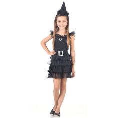 Fantasia Bruxa Black Halloween Infantil Vestido Chapéu Luxo