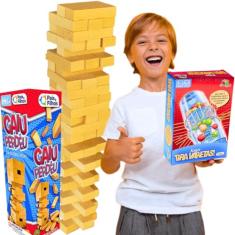 Kit jogos infantil educativos pedagogicos Jogo de tabuleiro Caiu Perdeu Torre de Blocos Madeira mdf presente brinquedo criança 5 anos menino menina + Tira Vareta Tubo Pega Varetas Art Brink