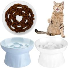 Tioncy 2 tigelas elevadas para ração lenta para gatos de cerâmica elevada para cães e gatos, borda alta para alimentos secos e úmidos, fácil de limpar, lavável na lava-louças (branco, azul)