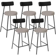 Kit 05 Banquetas Baixa Bar Cozinha Sala Jantar Milão L02 Couríssimo Preto Linho Bege - Lyam Decor
