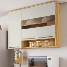 Armário Aéreo De Cozinha 120cm Com 3 Portas Vidro Reflecta E Nicho 100% Mdf Itália Amêndoa-off White