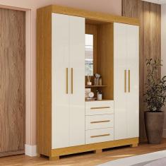 Guarda-roupa Solteiro 164,10cm 4 Portas 3 Gavetas Capelinha Com Espelho 100% Mdp Gardênia Cinamomo-off White
