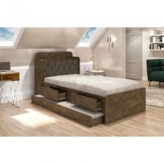 Cama Tamires Solteiro 0,88cm Com Auxiliar Castanho Com Capitonê Nogal - Cambel