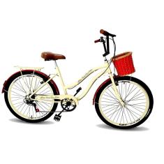 Bicicleta feminina aro 26 com cestinha tpo vime retrô 6v beg