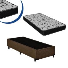 Cama Box Solteiro Colchão Espuma D33 Bordado + Box Marrom Suede 44x78x188