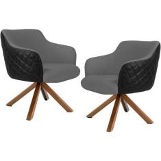 Kit 02 Poltronas Base Giratória Madeira Jade D02 Linho Cinza C-416 Tre