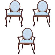 Kit 03 Poltronas Decorativas Sala de Estar Base Madeira Maciça Adrie Sarja Bege/Imbuia - Gran Belo