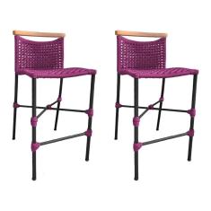 Kit 2 Banquetas Anne Em Corda Náutica Base Em Alumínio Preta Com Detalhe Em Madeira Rosa - Cor: Rosa