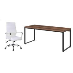 conjunto de mesa kuadra nogal e preta com cadeira de escritório diretor giratória cleaner branca