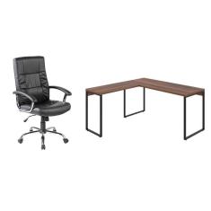 conjunto de mesa kuadra nogal 150 cm com cadeira de escritório presidente giratória com relax e plus preta