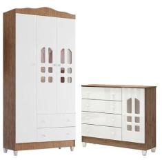 Cômoda Selena e Guarda Roupa Infantil New Selena 3 Portas Branco Aceti