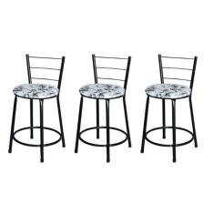 Jogo 3 Banqueta Baixa Para Cozinha Epoxi Preta Estofado Floral - Lamar