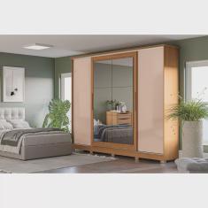 Guarda-roupa 4 Portas de Correr e 4 Gavetas com Pés e Espelho