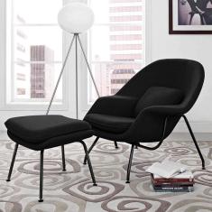 Poltrona Womb Chair Com Puff Base Preta Linho Preto Cor Preto