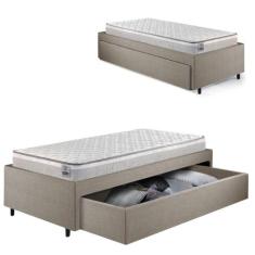 Base Box Cama Solteirão Sapateira Linho Bege e Colchão Hanover Inducol