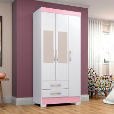 Guarda Roupas Solteiro Com 3 Portas 2 Gavetas Com Espelho BE16 Flex Branco / Rosa Chá - Briz Móveis