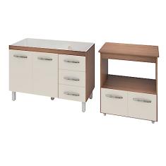 Armário Gabinete pia de 120 cm Bianca com Balcão multiuso micro-ondas Forno Elétrico Ângela Savana frente Off-White