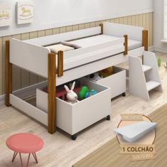 Cama Naty Solteira Design Infantil com Nichos e Colchão Divaloto - Branco/amêndoa