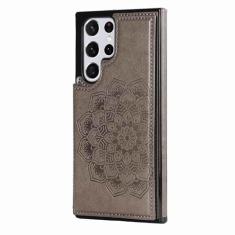 POCHY Capa de couro para Samsung Galaxy S24 Ultra/S24 Plus/S24, capa de suporte flip traseira em relevo de flor, capa de telefone carteira de ajuste fino com compartimento para cartão, cinza, S24