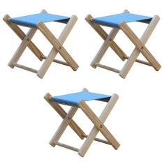 Kit 3 Banquinho De Madeira Banqueta Pescador-azul Claro