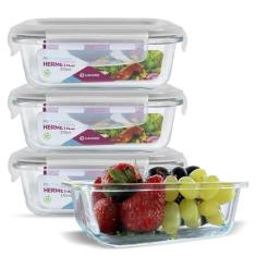 Kit Conjunto 4 Potes Vidro Hermético Tampa Plástico Marmita Mantimento