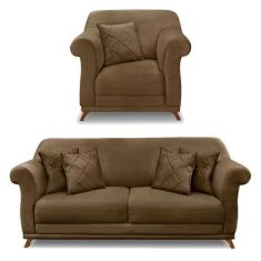 Kit Poltrona e Sofá Living 2 Lugares 1,60m Vênus Suede Pés Castanho - 