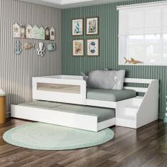 Bicama Infantil Solteiro com Rattan, Grade e Escada de Fácil Acesso Sp