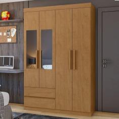 Guarda-Roupa Solteiro Zeus 4 Portas 2 Gavetas com Espelho 59602.354 Amêndoa Clean - Móveis Lopas