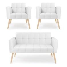 Kit 1 Sofá Namoradeira E 2 Poltronas Elisa Corino Branco Pés Palito Natural - D`rossi