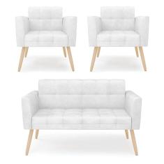 Kit 1 Sofá Namoradeira E 2 Poltronas Elisa Corano Branco Pés Palito Natural - D`rossi