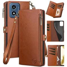 XcaseBar Capa carteira para Moto G 5G 2024/G Play 2024 com zíper para cartão de crédito 【bloqueio RFID】, capa flip folio book couro PU à prova de choque mulheres homens para Moto G Play 2024 capa