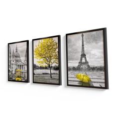 Quadro Decorativo Londres Paris Amarelo Moldura Preta 60X40 - Imperio,