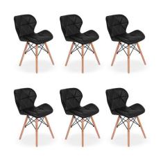 Kit 06 Cadeiras Charles Eames Eiffel Slim Wood Estofada - Preta - Maga