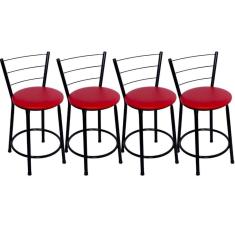 Kit 4 Banquetas Baixas Preta com Encosto Assento Vermelho